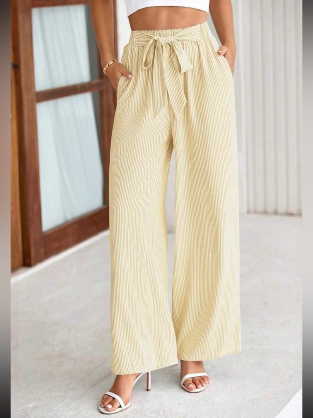 Tie-Waist Wide-Leg Pants in Yellow and White